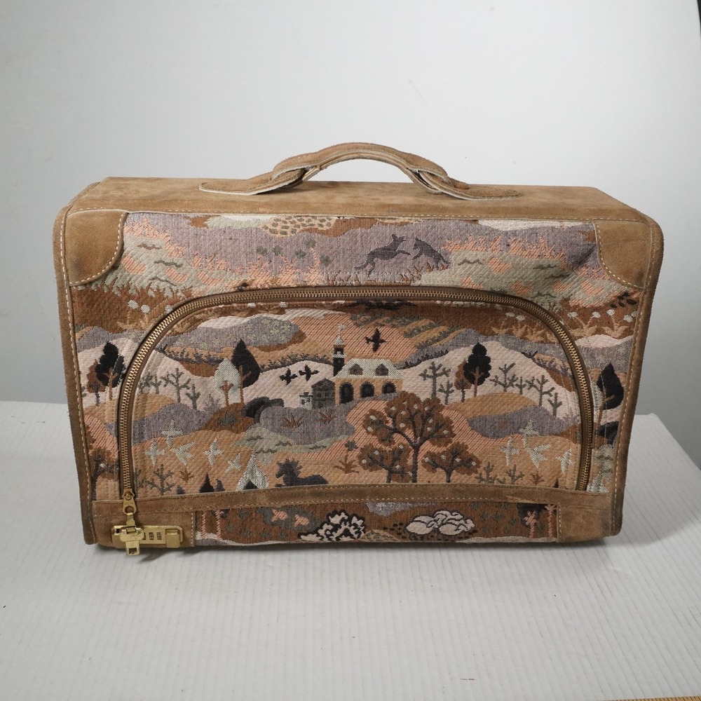 VTG French Country Countryside Tapestry Suitcase Brown Suede Scenic Travel Bag
